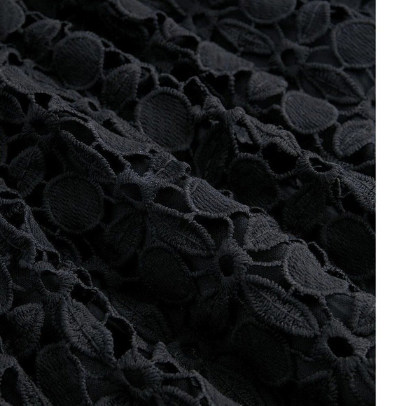 Elegant French Fit-n-Flare Cut Romantic Gupuire Lace Paneled Dress All Black - Picture 2 of 10